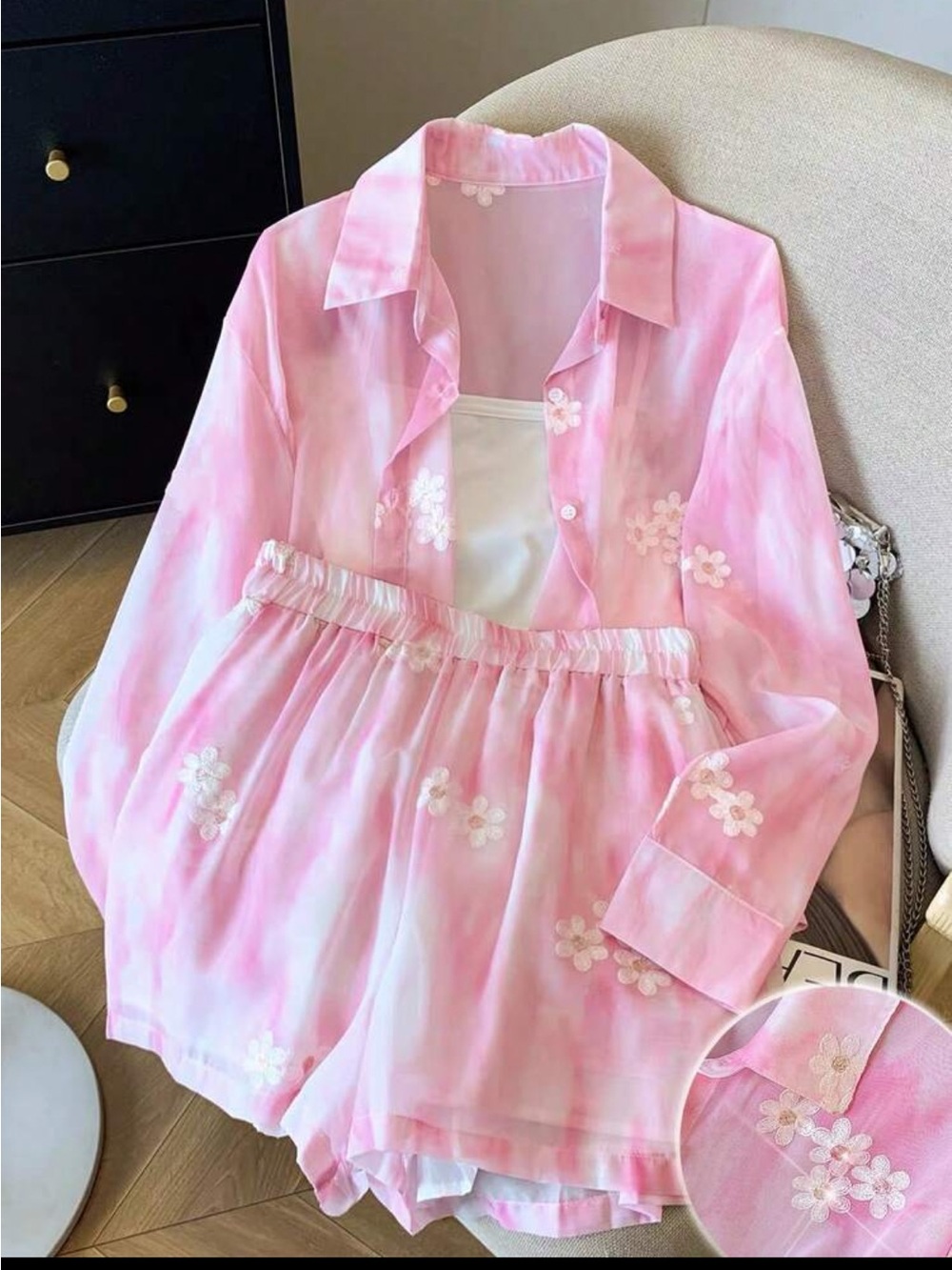Pink Floral Sheer Button-Up Top & Shorts Set